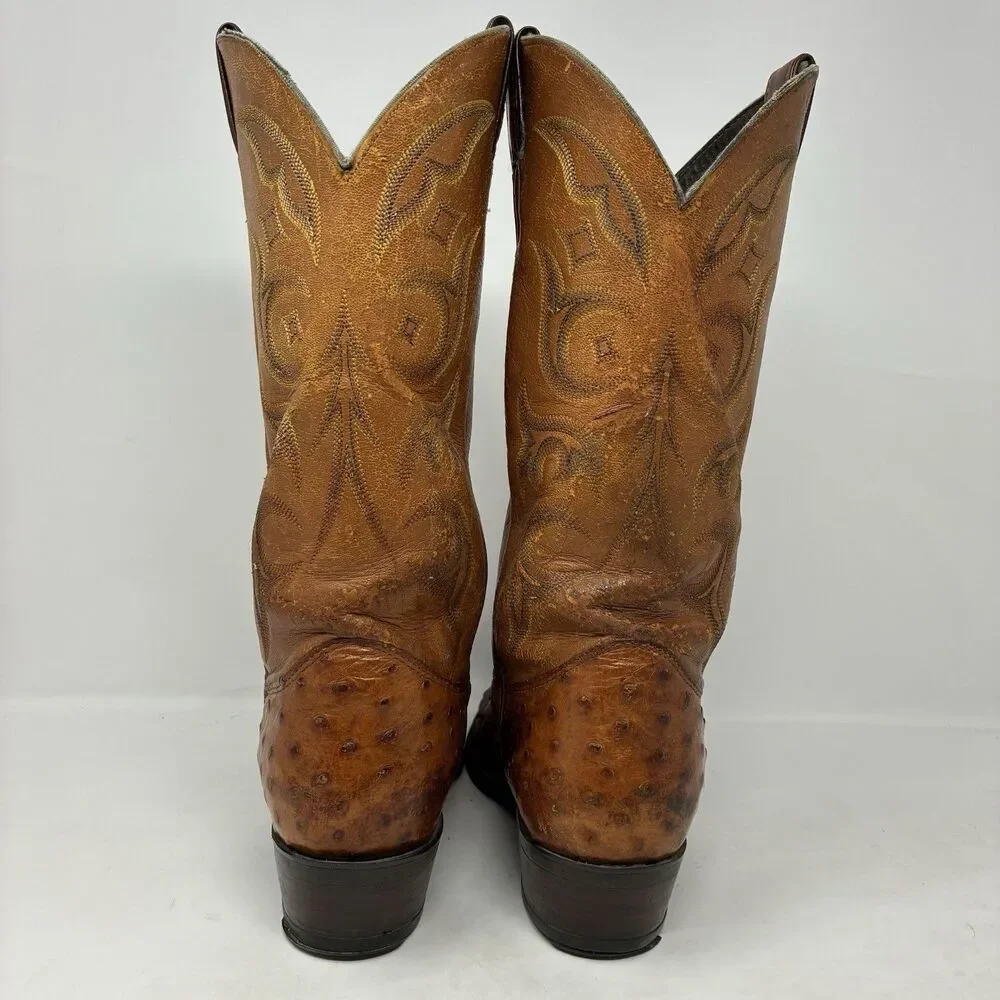 VGUC 8.5 D Justin Boots Full Quill Ostrich Cognac Tan Exotic Men's 8925 Vintage